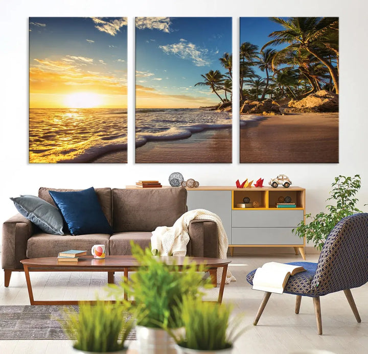 Large Sunset Ocean View at Tropical Beach Wall Art Canvas Print Framed