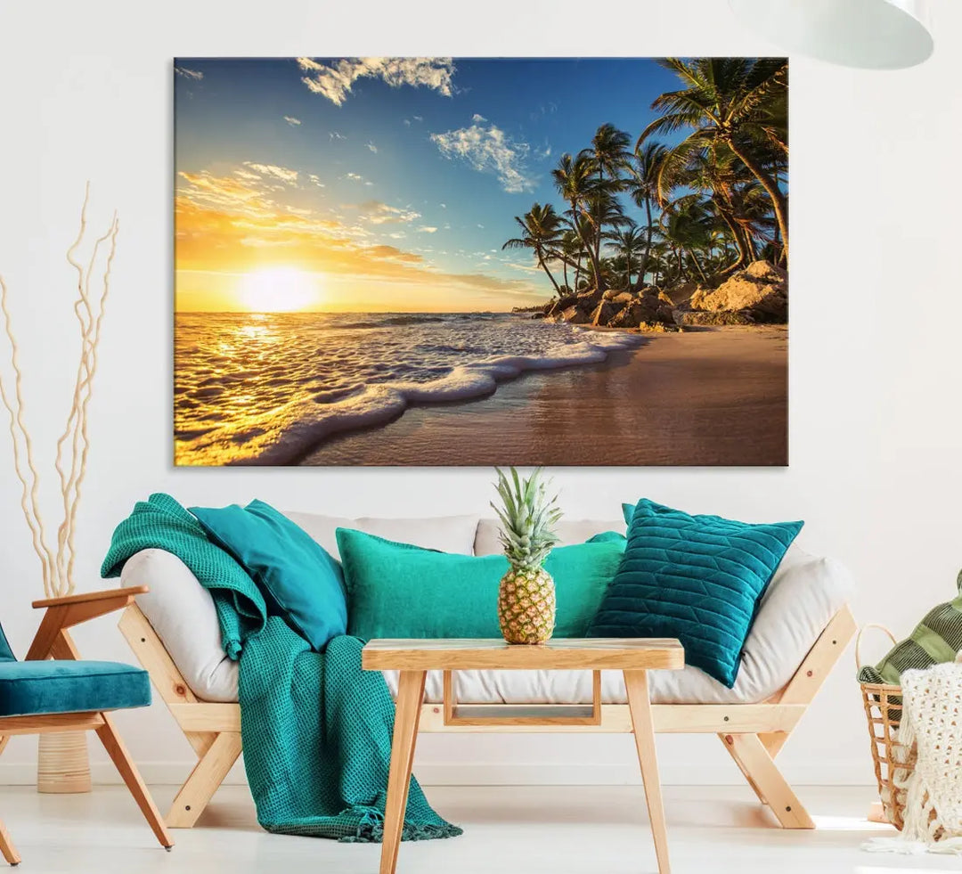 Large Sunset Ocean View at Tropical Beach Wall Art Canvas Print Framed