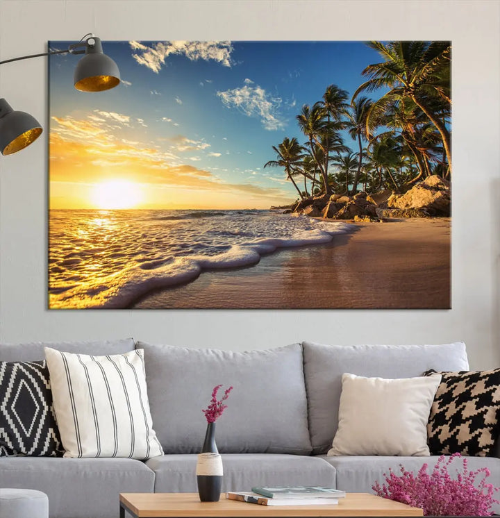 Large Sunset Ocean View at Tropical Beach Wall Art Canvas Print Framed