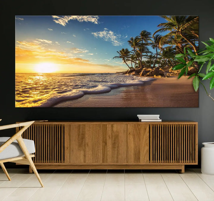 Large Sunset Ocean View at Tropical Beach Wall Art Canvas Print Framed