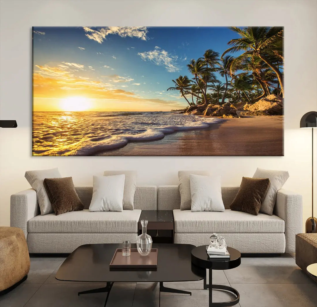 Large Sunset Ocean View at Tropical Beach Wall Art Canvas Print Framed