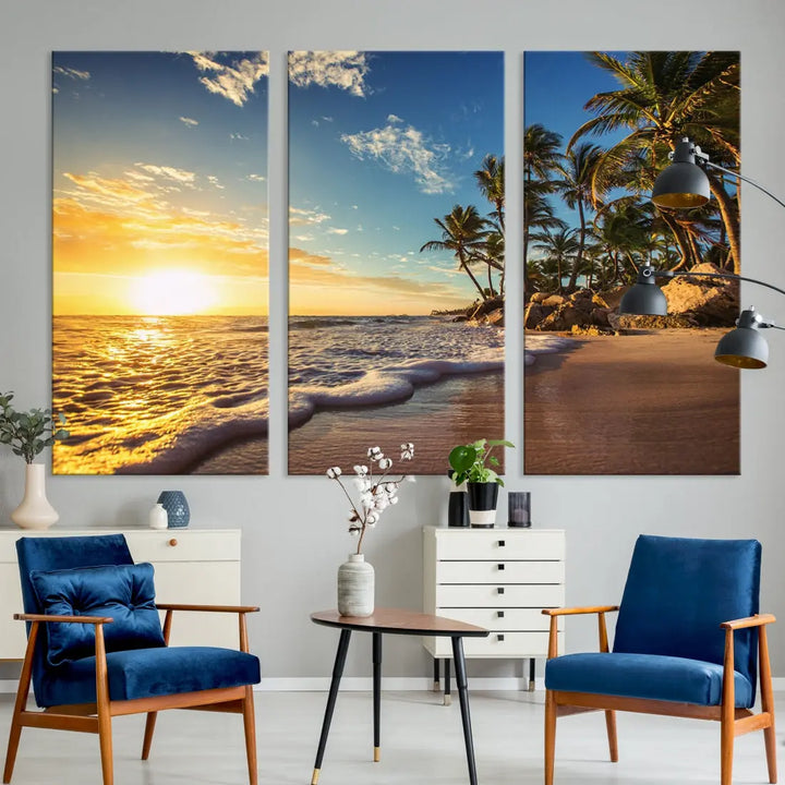 Large Sunset Ocean View at Tropical Beach Wall Art Canvas Print Framed