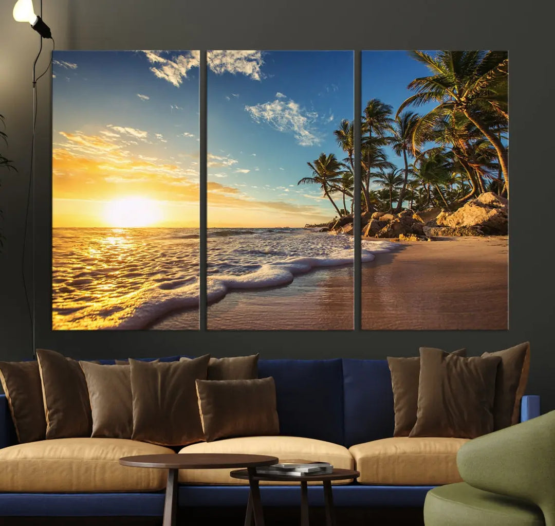 Large Sunset Ocean View at Tropical Beach Wall Art Canvas Print Framed