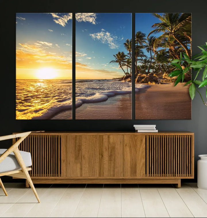 Large Sunset Ocean View at Tropical Beach Wall Art Canvas Print Framed