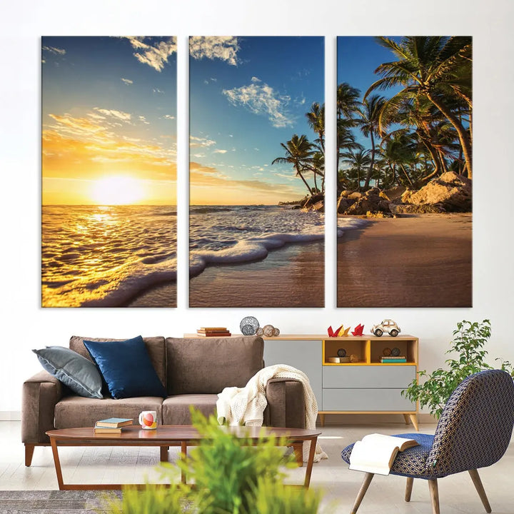 Large Sunset Ocean View at Tropical Beach Wall Art Canvas Print Framed