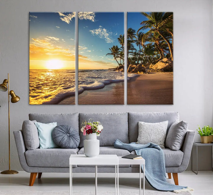 Large Sunset Ocean View at Tropical Beach Wall Art Canvas Print Framed