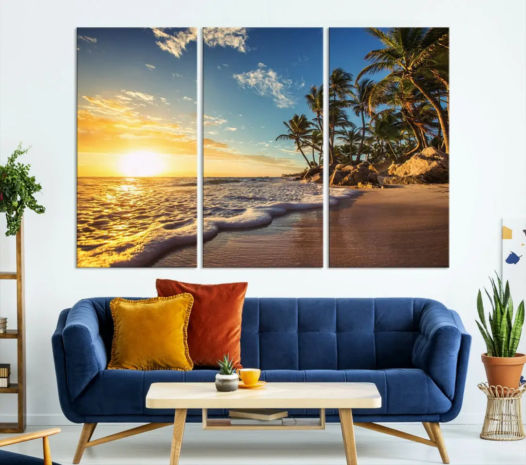 Large Sunset Ocean View at Tropical Beach Wall Art Canvas Print Framed