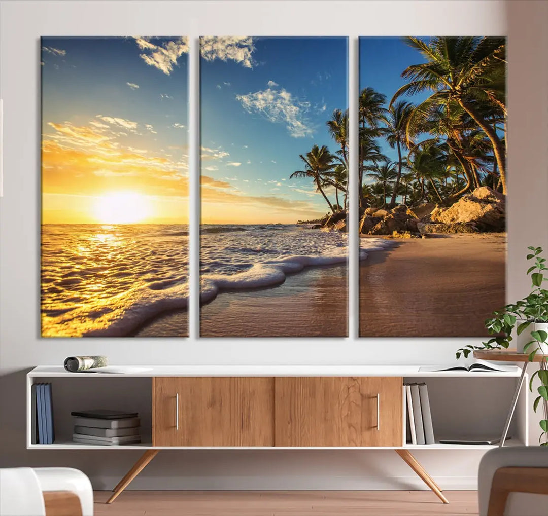 Large Sunset Ocean View at Tropical Beach Wall Art Canvas Print Framed