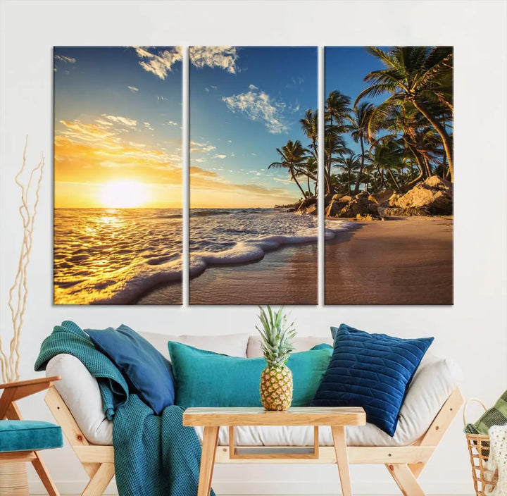 Large Sunset Ocean View at Tropical Beach Wall Art Canvas Print Framed