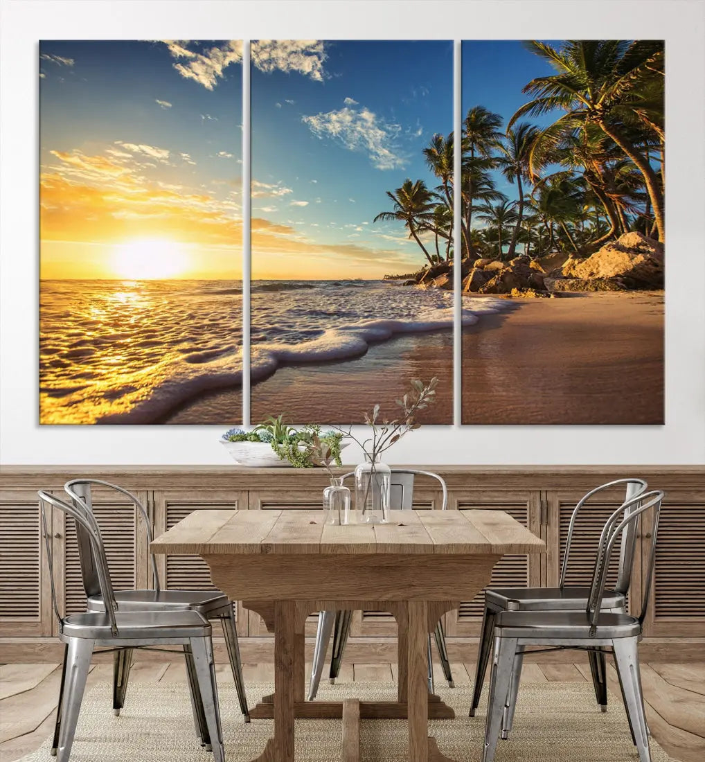 Large Sunset Ocean View at Tropical Beach Wall Art Canvas Print Framed