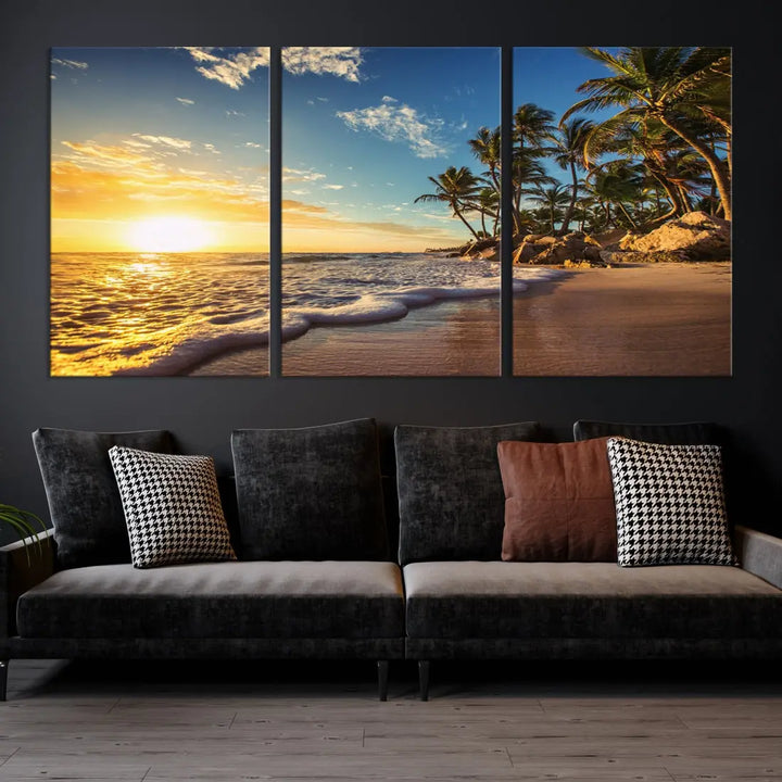 Large Sunset Ocean View at Tropical Beach Wall Art Canvas Print Framed