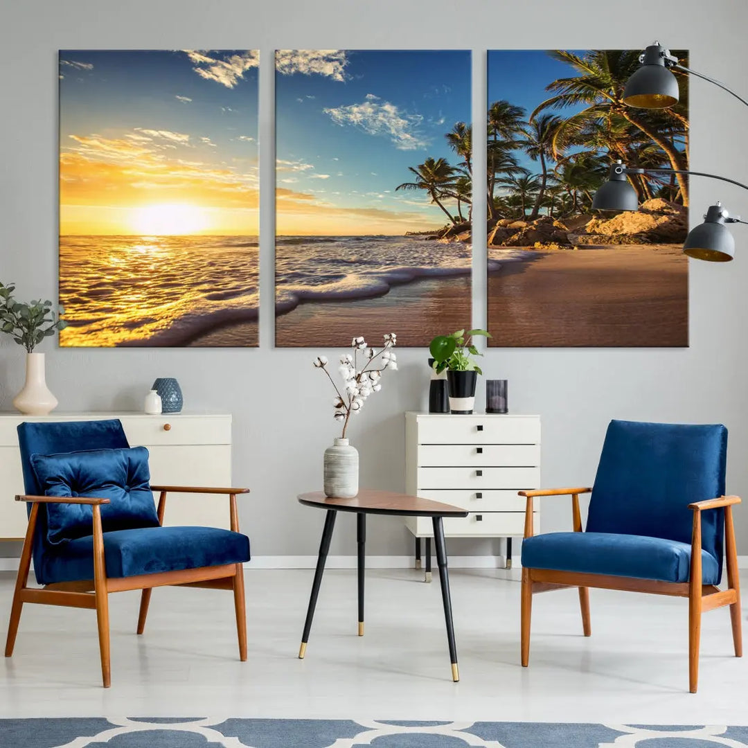 Large Sunset Ocean View at Tropical Beach Wall Art Canvas Print Framed