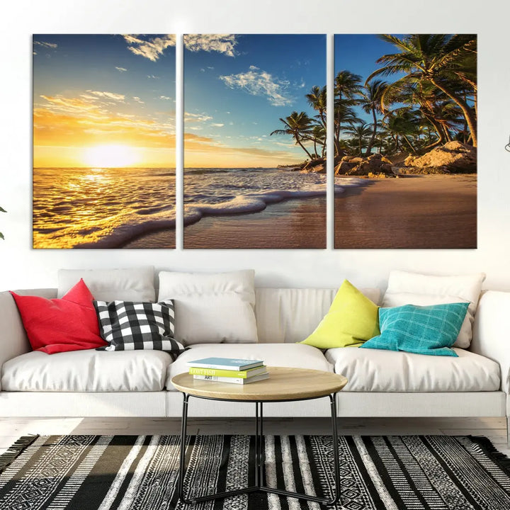 Large Sunset Ocean View at Tropical Beach Wall Art Canvas Print Framed