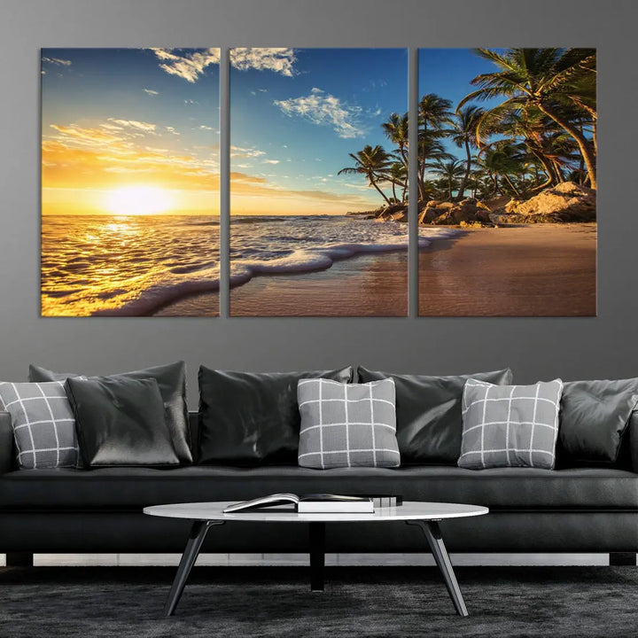 Large Sunset Ocean View at Tropical Beach Wall Art Canvas Print Framed