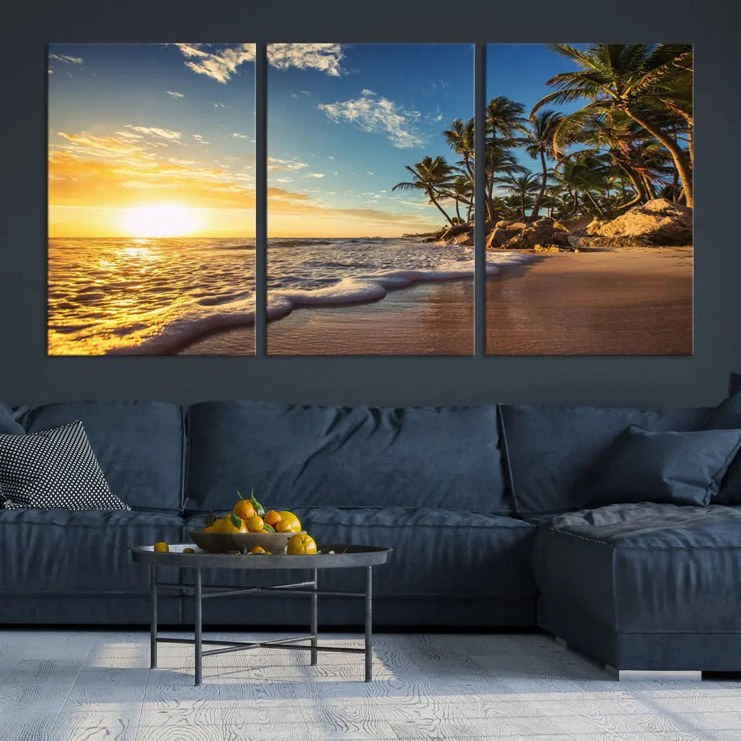 Large Sunset Ocean View at Tropical Beach Wall Art Canvas Print Framed