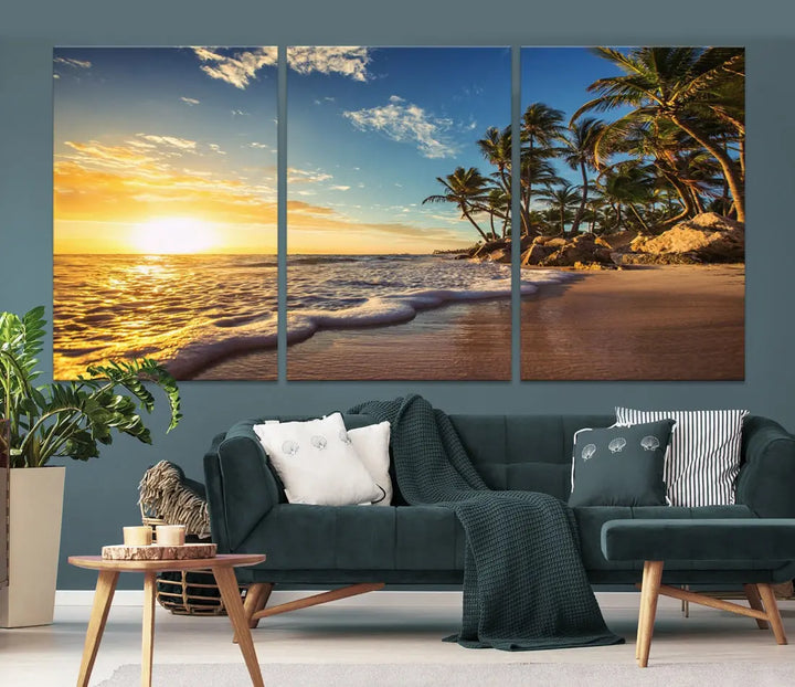 Large Sunset Ocean View at Tropical Beach Wall Art Canvas Print Framed