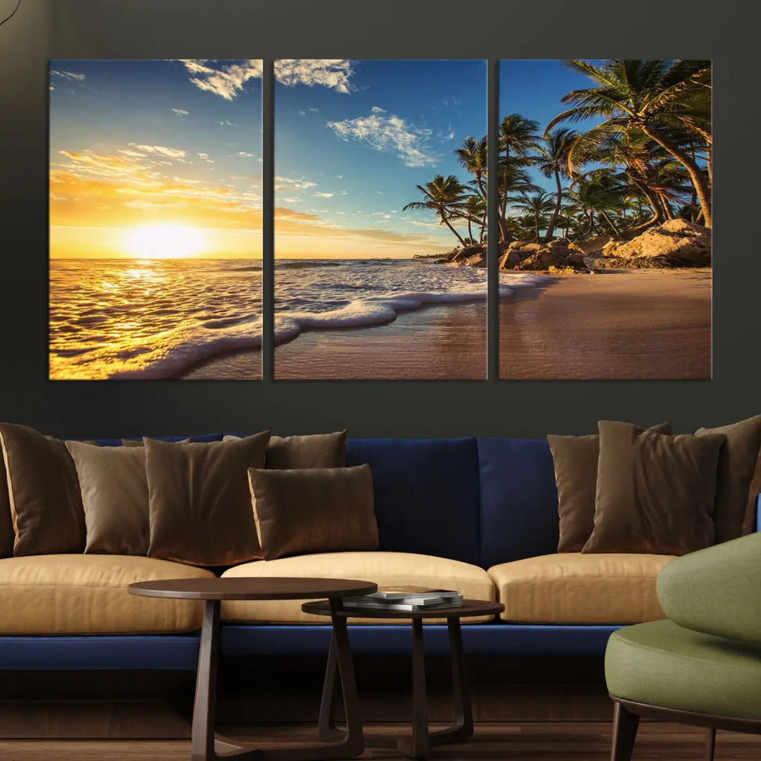 Large Sunset Ocean View at Tropical Beach Wall Art Canvas Print Framed