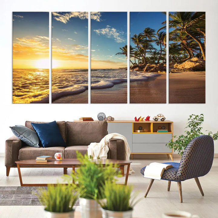 Large Sunset Ocean View at Tropical Beach Wall Art Canvas Print Framed