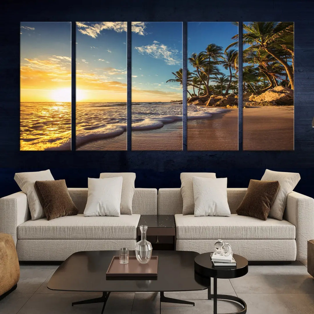 Large Sunset Ocean View at Tropical Beach Wall Art Canvas Print Framed