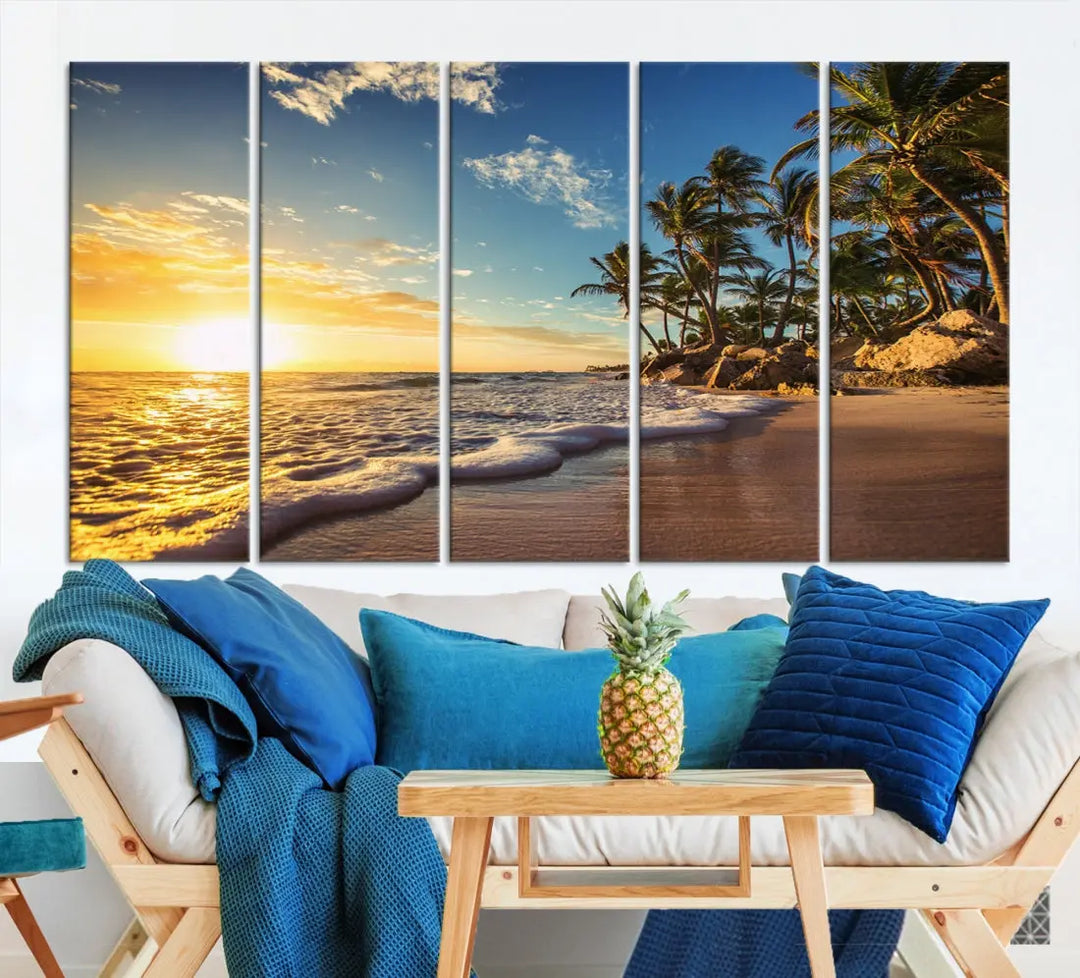 Large Sunset Ocean View at Tropical Beach Wall Art Canvas Print Framed