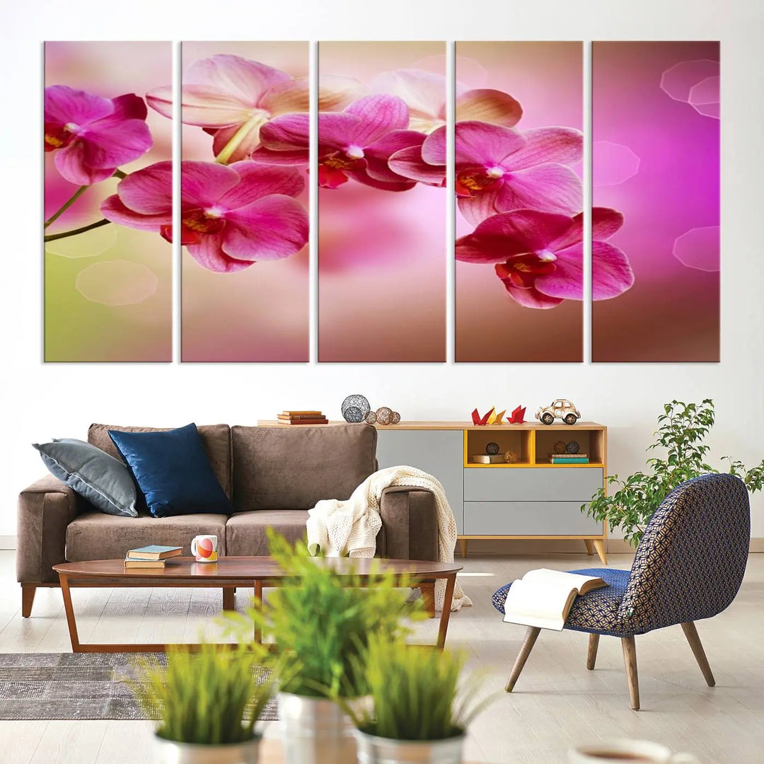 Large Wall Art Floral Canvas PrintPink Orchids on Pink Blurry Background