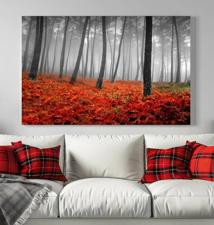 Large Wall Art Landscape Forest Canvas PrintFog in Forest with Red Flowers on Ground