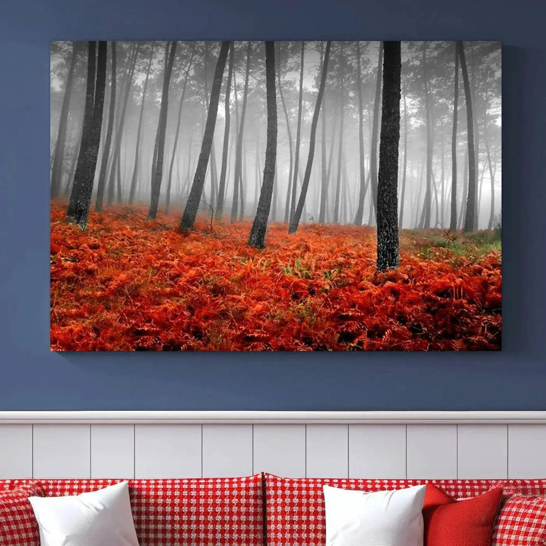 Large Wall Art Landscape Forest Canvas PrintFog in Forest with Red Flowers on Ground