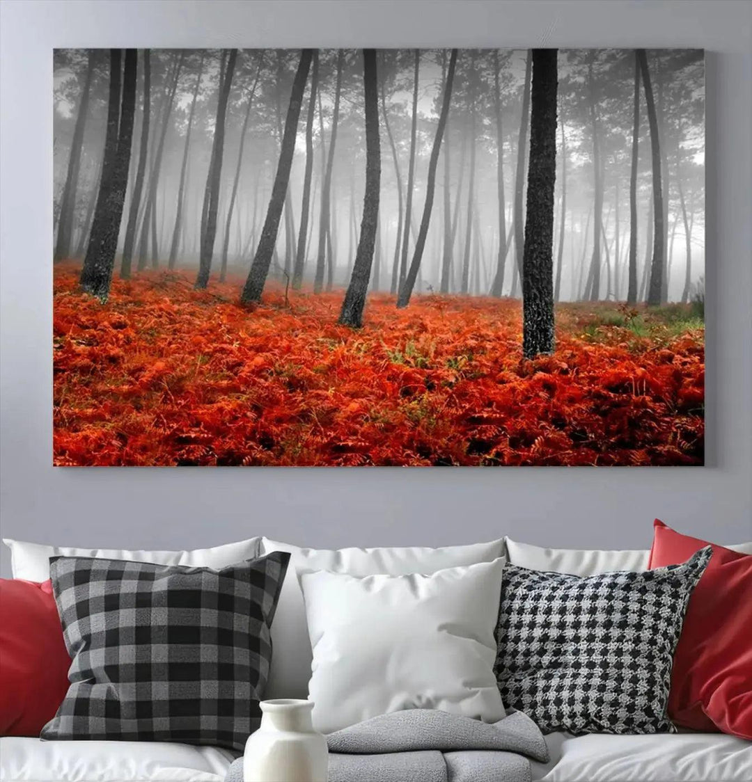 Large Wall Art Landscape Forest Canvas PrintFog in Forest with Red Flowers on Ground