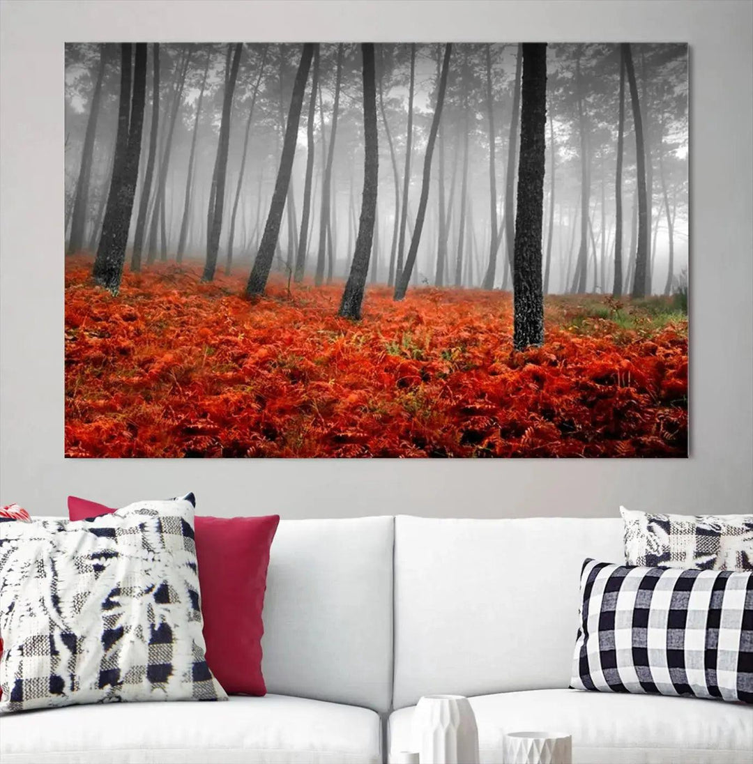 Large Wall Art Landscape Forest Canvas PrintFog in Forest with Red Flowers on Ground