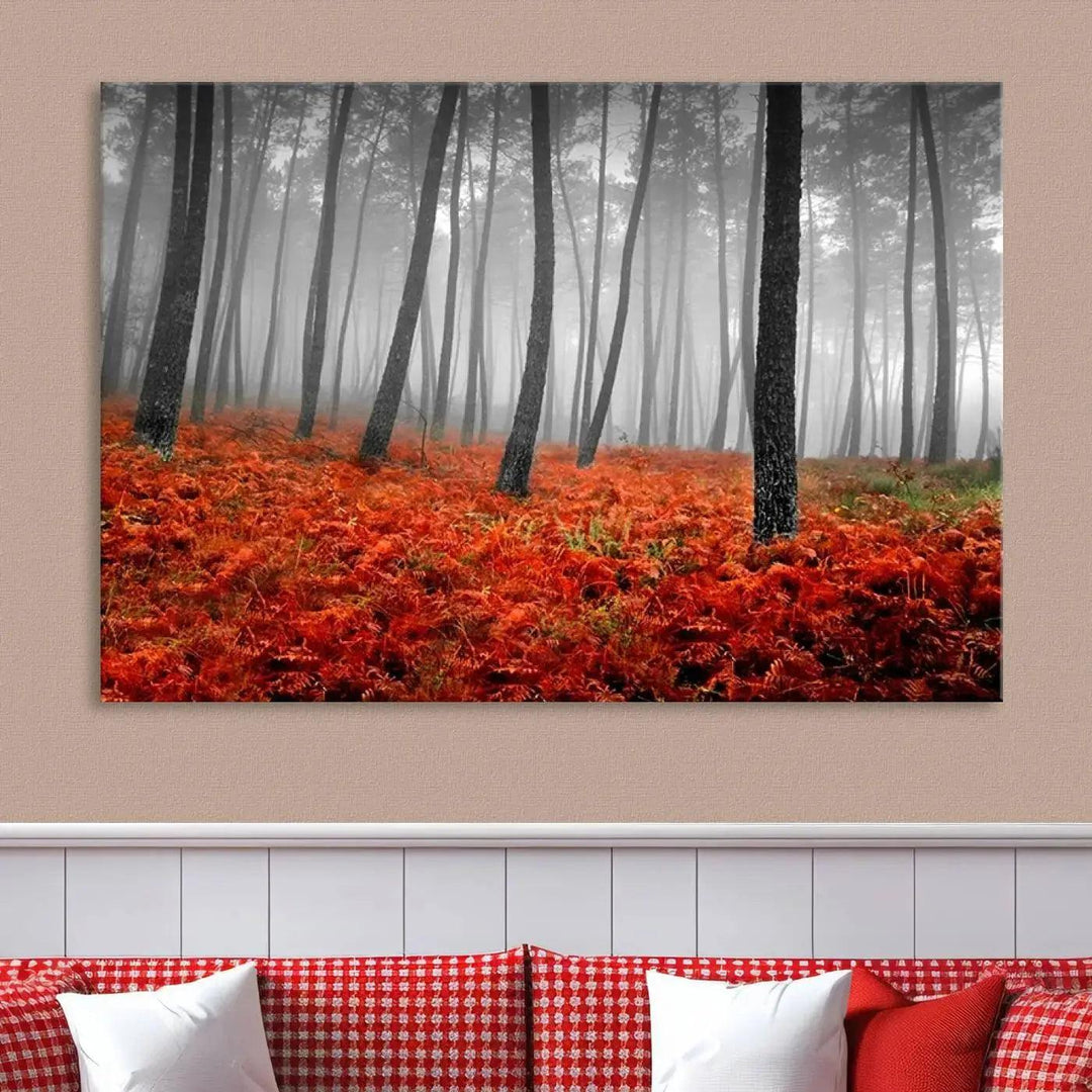 Large Wall Art Landscape Forest Canvas PrintFog in Forest with Red Flowers on Ground