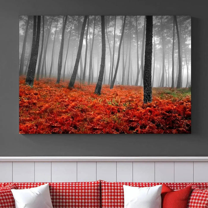 Large Wall Art Landscape Forest Canvas PrintFog in Forest with Red Flowers on Ground