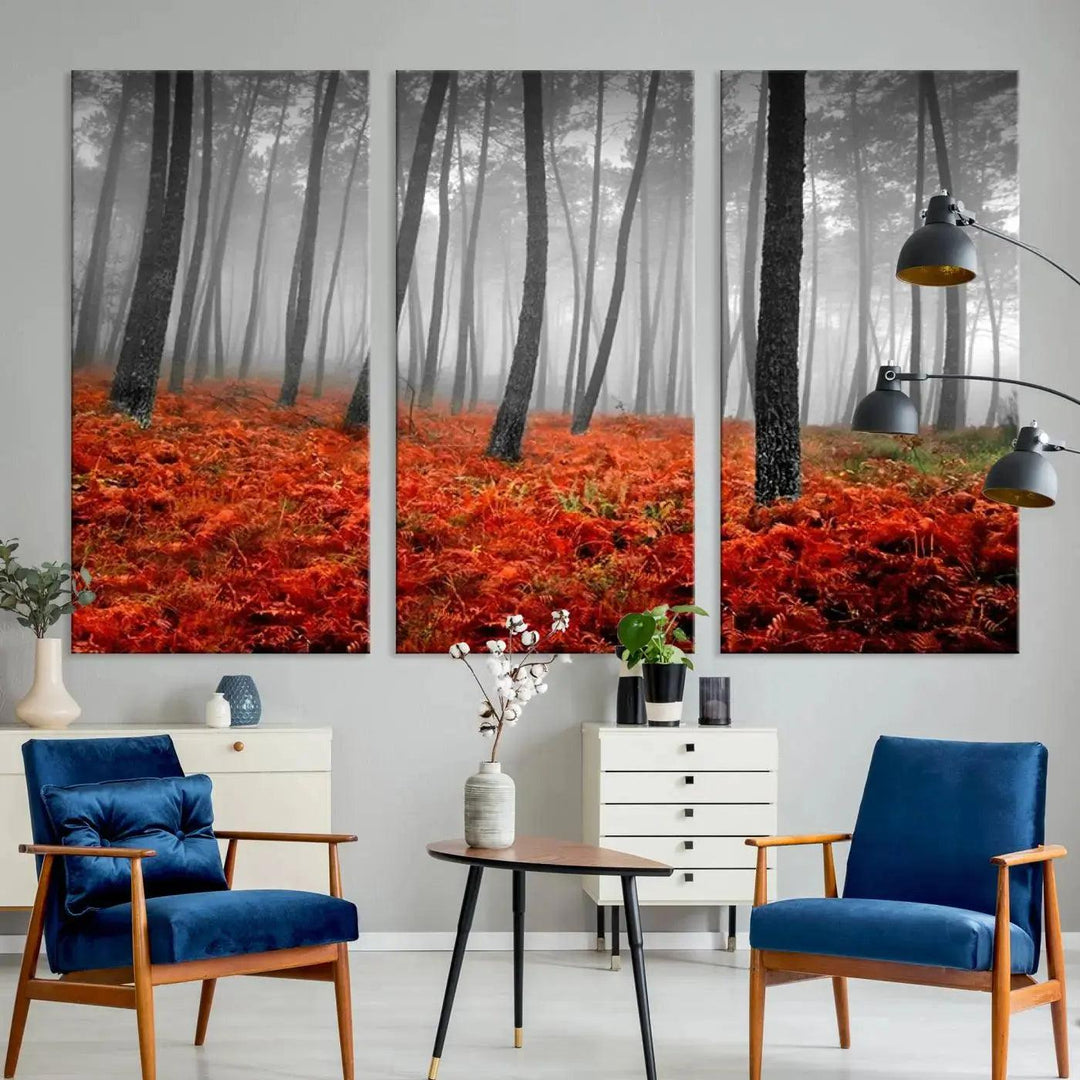 Large Wall Art Landscape Forest Canvas PrintFog in Forest with Red Flowers on Ground