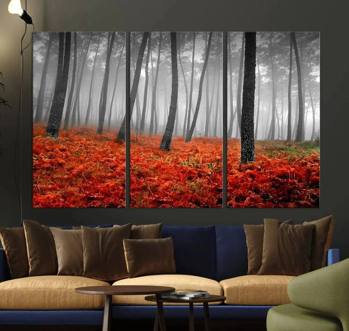 Large Wall Art Landscape Forest Canvas PrintFog in Forest with Red Flowers on Ground