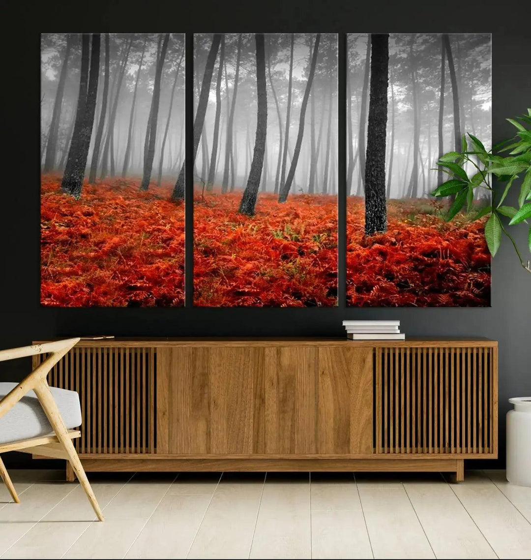 Large Wall Art Landscape Forest Canvas PrintFog in Forest with Red Flowers on Ground