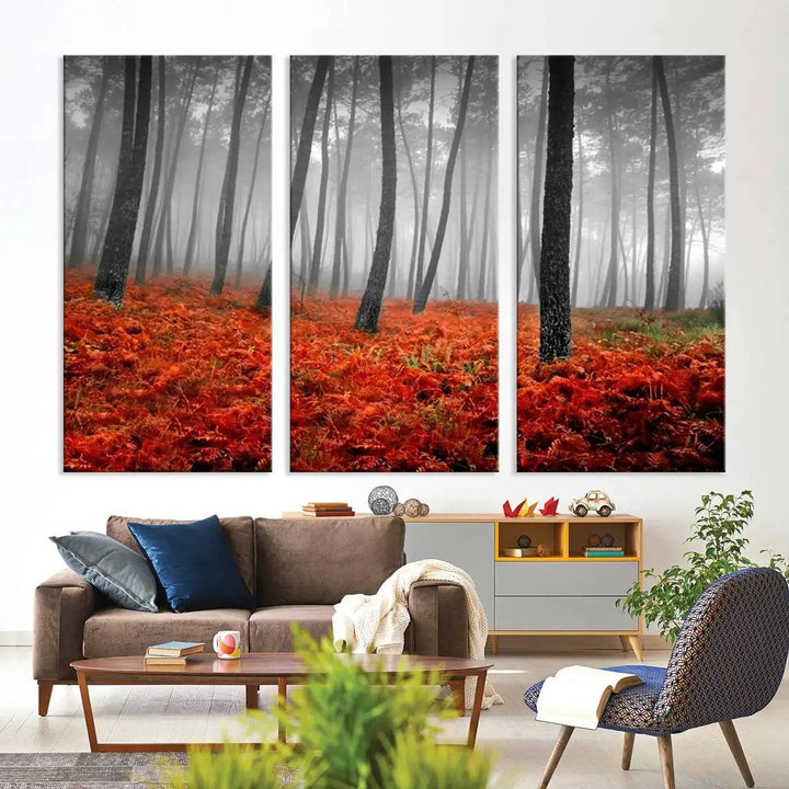 Large Wall Art Landscape Forest Canvas PrintFog in Forest with Red Flowers on Ground