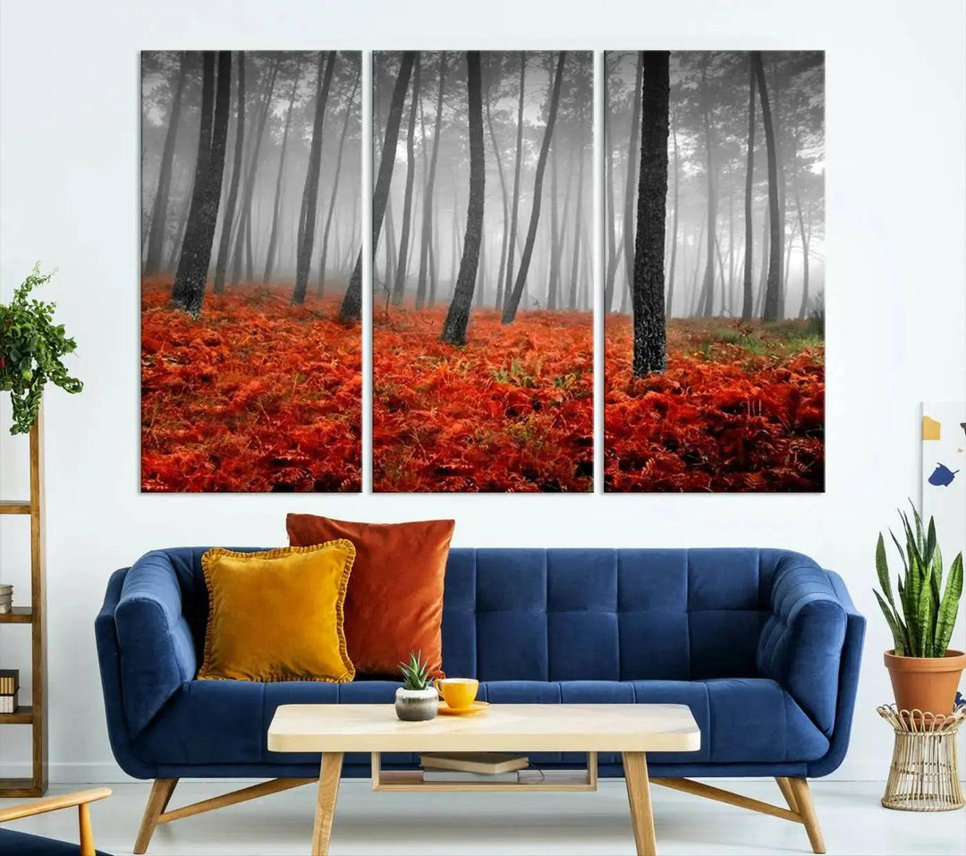 Large Wall Art Landscape Forest Canvas PrintFog in Forest with Red Flowers on Ground