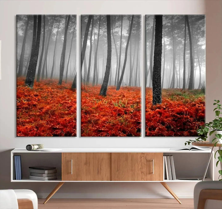 Large Wall Art Landscape Forest Canvas PrintFog in Forest with Red Flowers on Ground