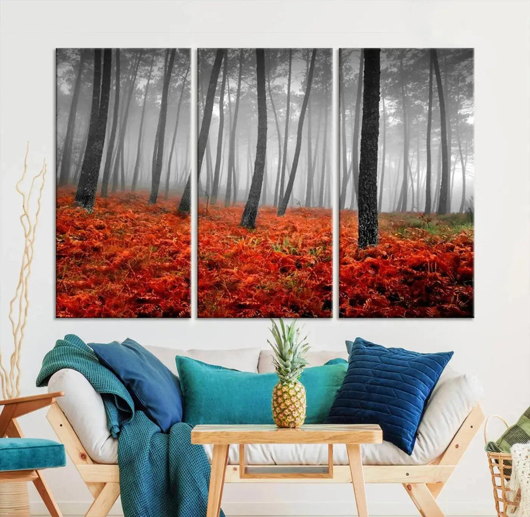 Large Wall Art Landscape Forest Canvas PrintFog in Forest with Red Flowers on Ground