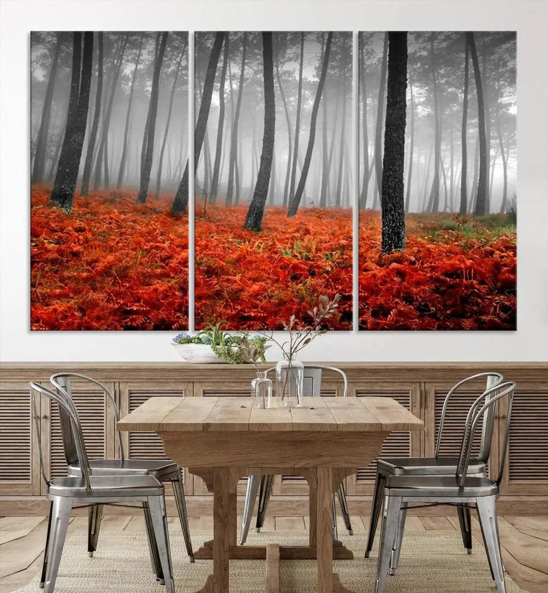 Large Wall Art Landscape Forest Canvas PrintFog in Forest with Red Flowers on Ground