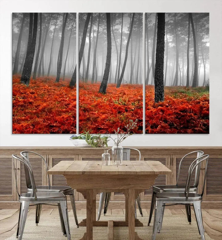 Large Wall Art Landscape Forest Canvas PrintFog in Forest with Red Flowers on Ground