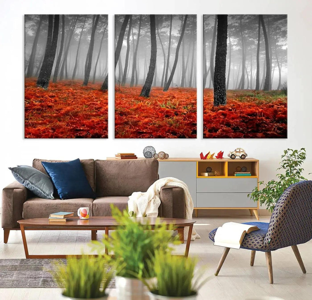 Large Wall Art Landscape Forest Canvas PrintFog in Forest with Red Flowers on Ground