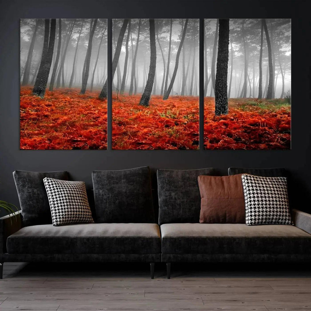 Large Wall Art Landscape Forest Canvas PrintFog in Forest with Red Flowers on Ground