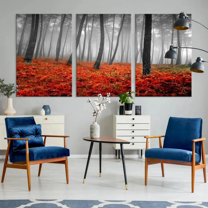 Large Wall Art Landscape Forest Canvas PrintFog in Forest with Red Flowers on Ground