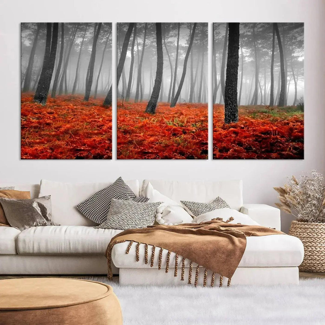 Large Wall Art Landscape Forest Canvas PrintFog in Forest with Red Flowers on Ground