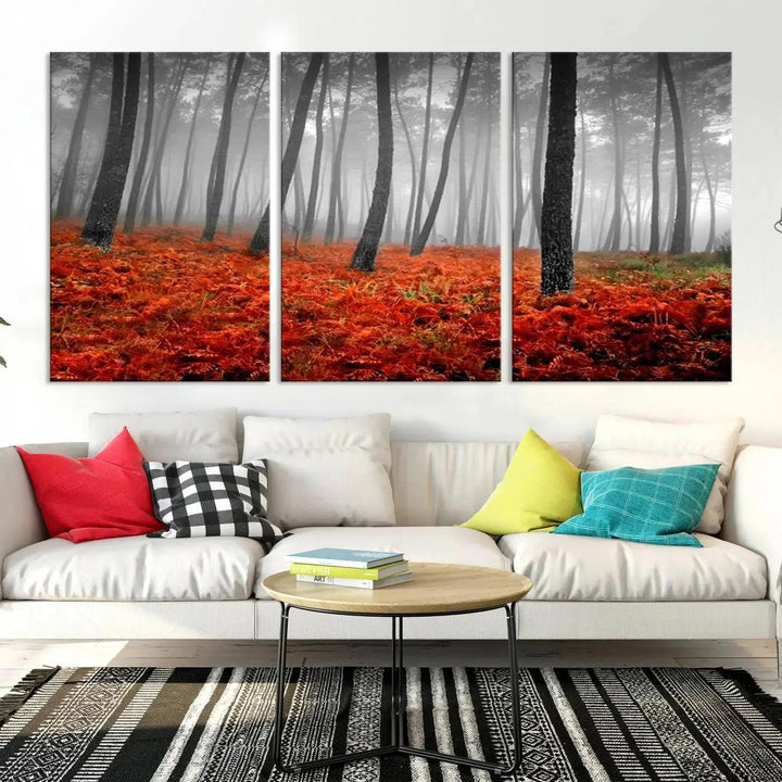 Large Wall Art Landscape Forest Canvas PrintFog in Forest with Red Flowers on Ground