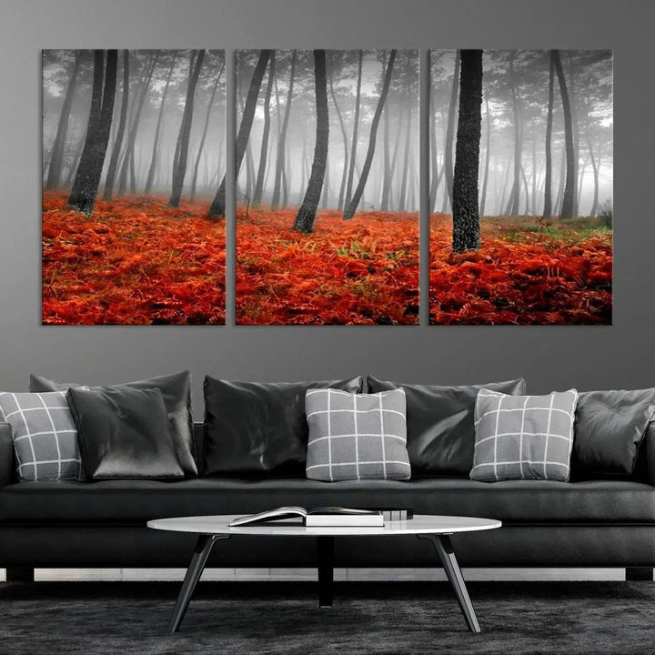 Large Wall Art Landscape Forest Canvas PrintFog in Forest with Red Flowers on Ground