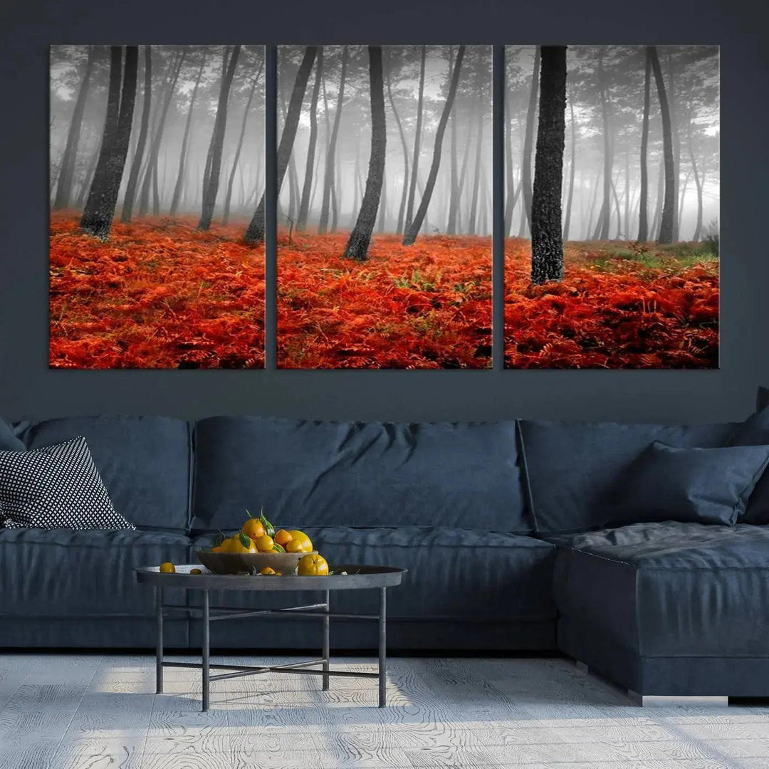 Large Wall Art Landscape Forest Canvas PrintFog in Forest with Red Flowers on Ground