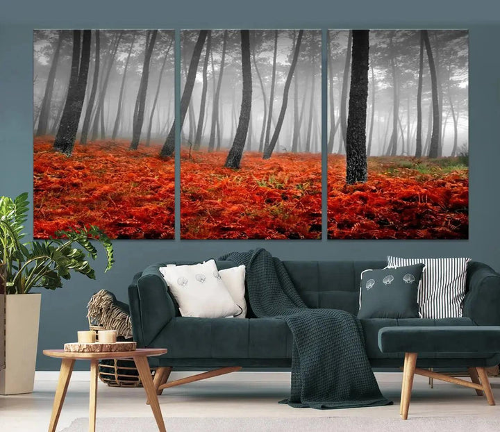 Large Wall Art Landscape Forest Canvas PrintFog in Forest with Red Flowers on Ground