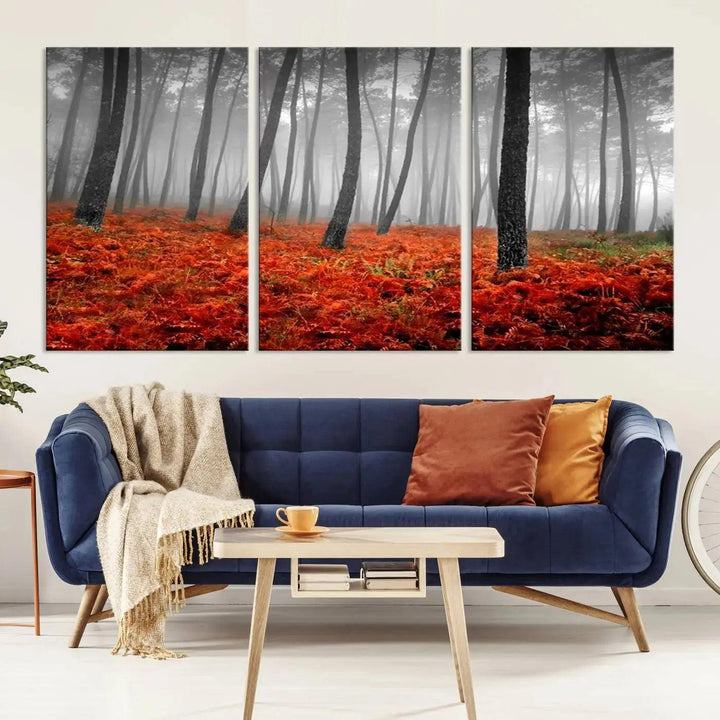 Large Wall Art Landscape Forest Canvas PrintFog in Forest with Red Flowers on Ground