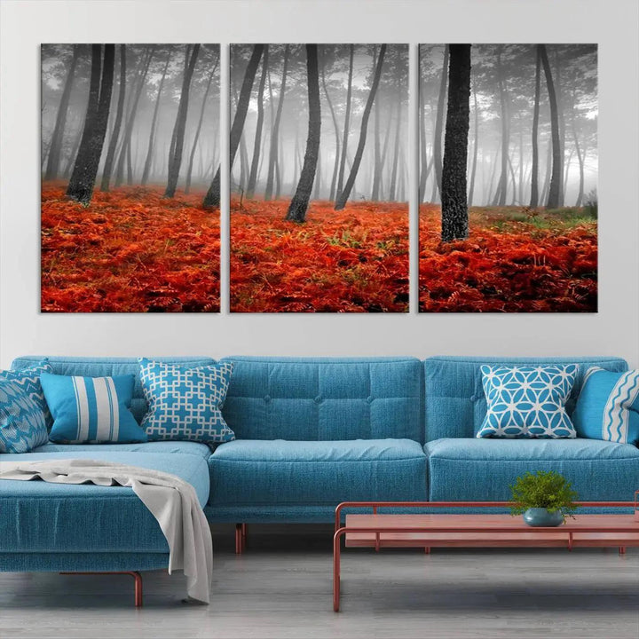 Large Wall Art Landscape Forest Canvas PrintFog in Forest with Red Flowers on Ground